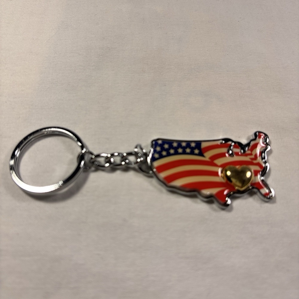 Vintage Avon American Flag Key Ring with Gold Tone Heart Accent Collectible